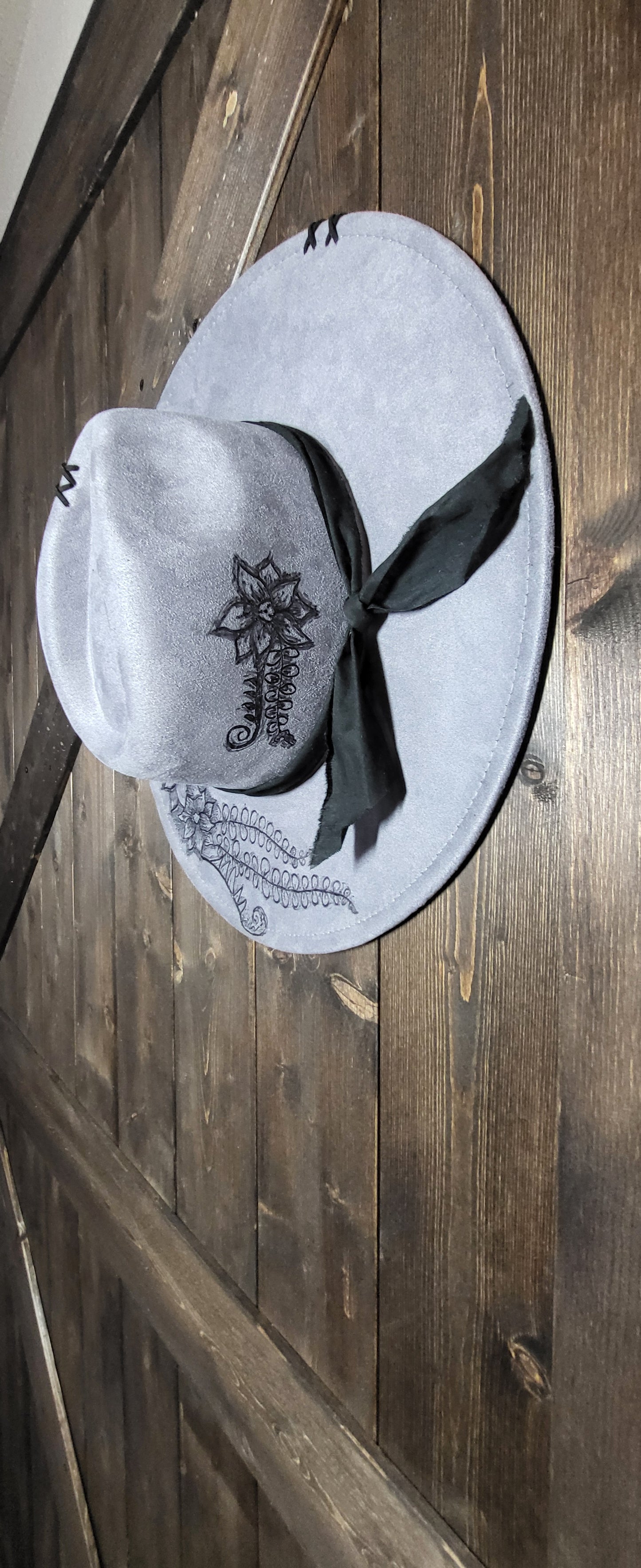 grey burned suede fedora cowboy hat with genuine leather stitches and a fabric hatband