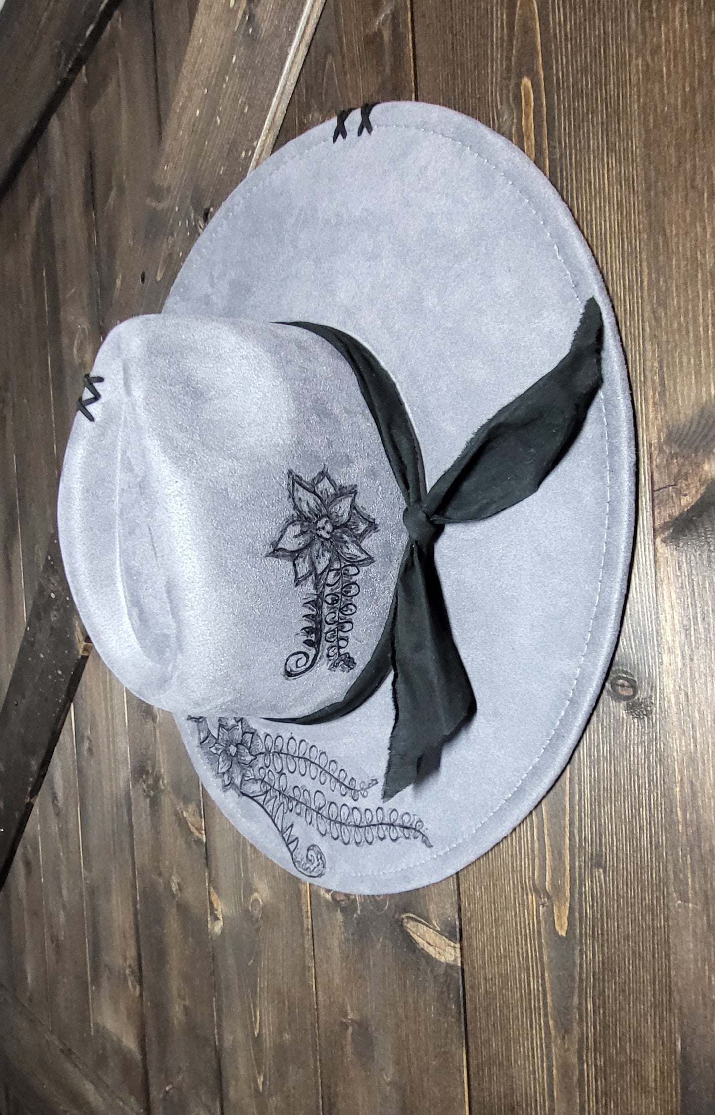 grey burned suede fedora cowboy hat with genuine leather stitches and a fabric hatband