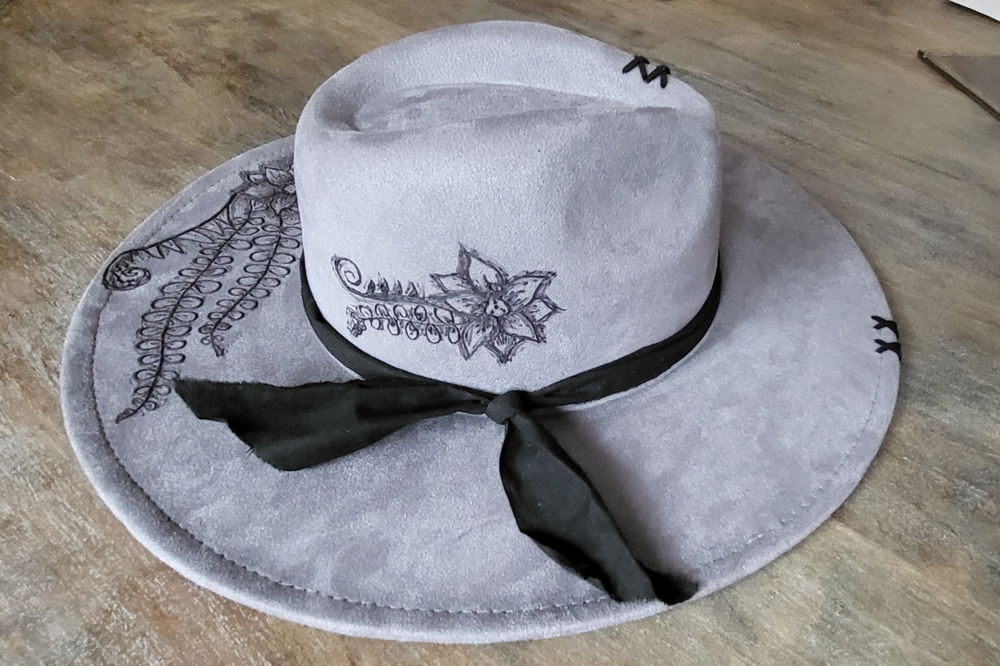 grey burned suede fedora cowboy hat with genuine leather stitches and a fabric hatband