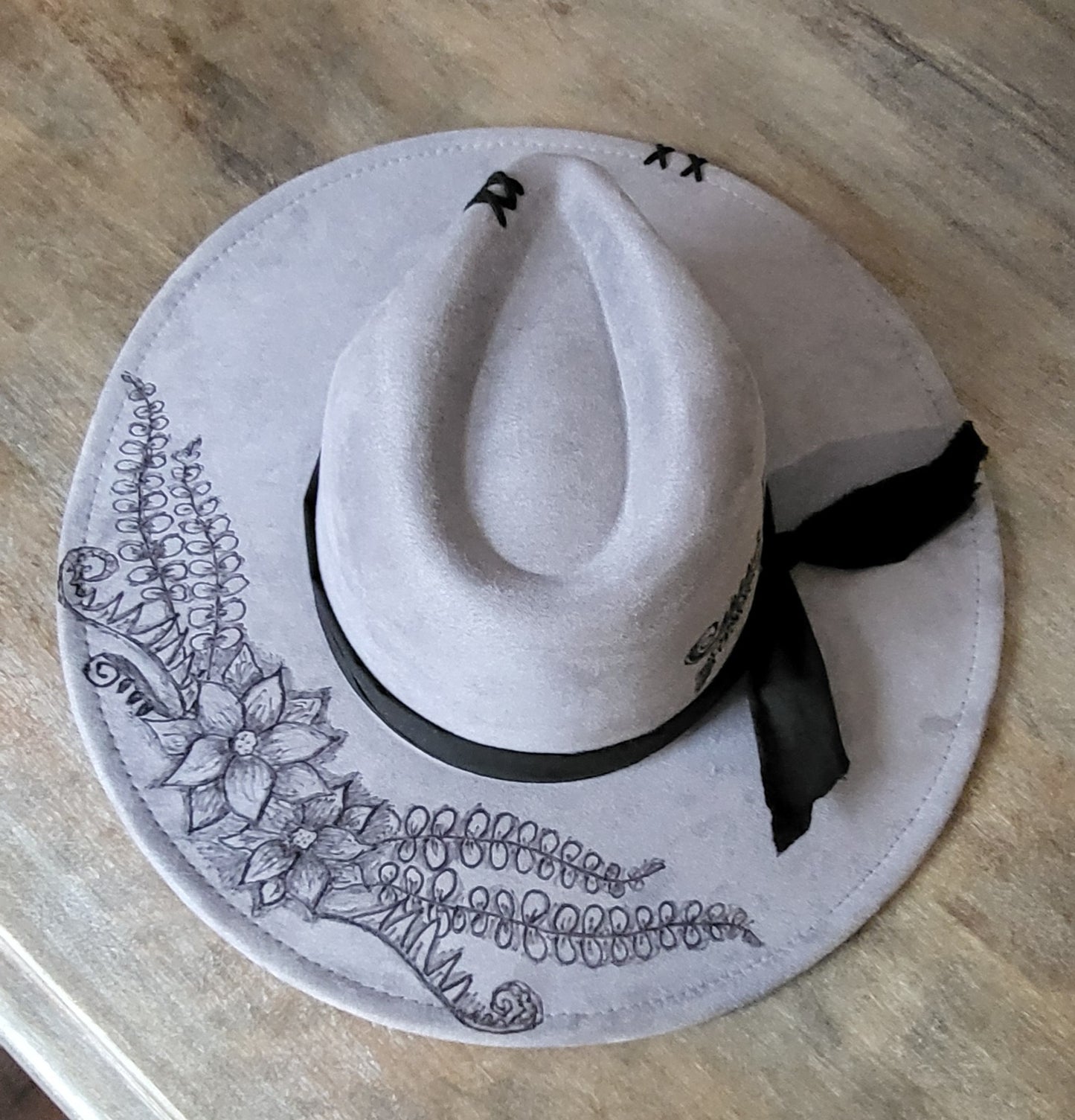 grey burned suede fedora cowboy hat with genuine leather stitches and a fabric hatband