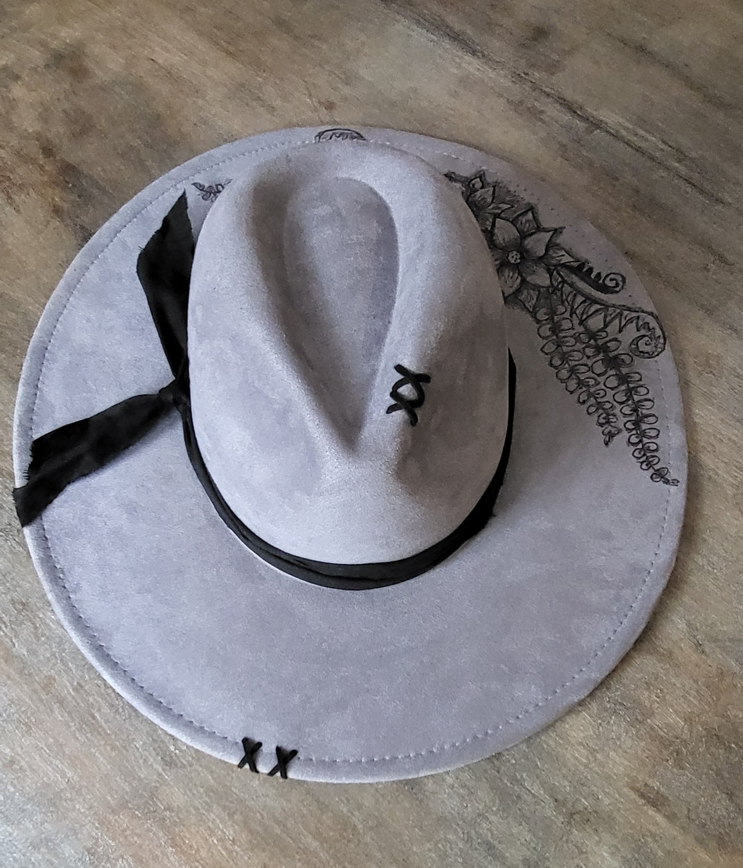 grey burned suede fedora cowboy hat with genuine leather stitches and a fabric hatband