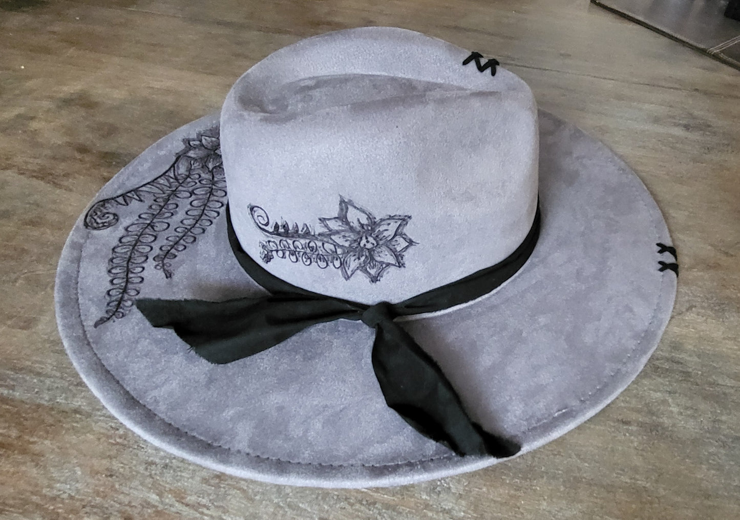 grey burned suede fedora cowboy hat with genuine leather stitches and a fabric hatband