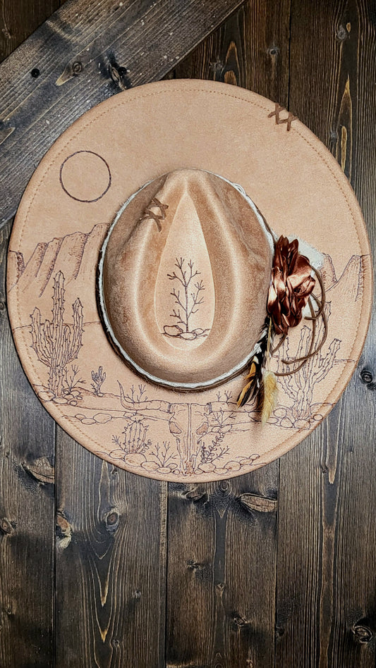 "Raven," faux suede burned fedora