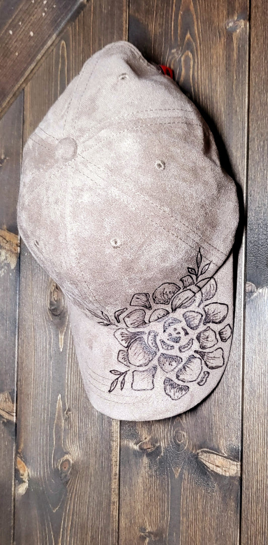 Hand burned suede baseball cap with adjustable back