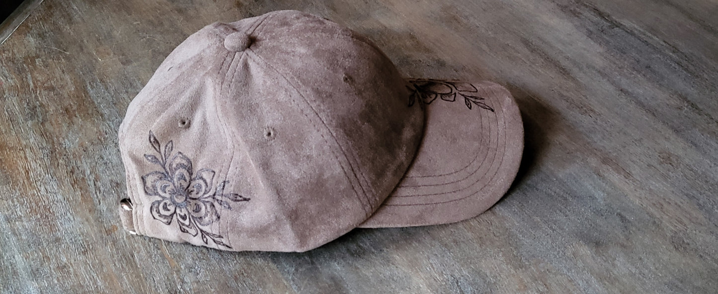 Hand burned suede baseball cap with adjustable back