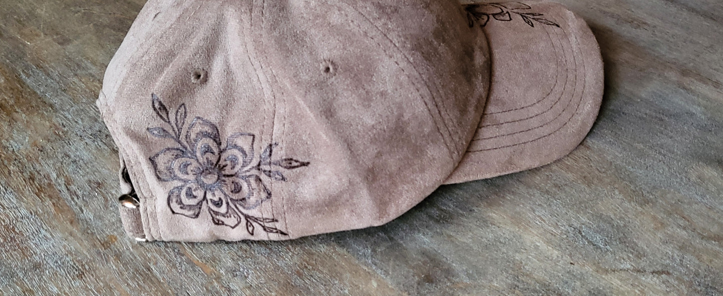 Hand burned suede baseball cap with adjustable back