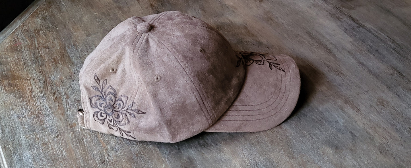 Hand burned suede baseball cap with adjustable back