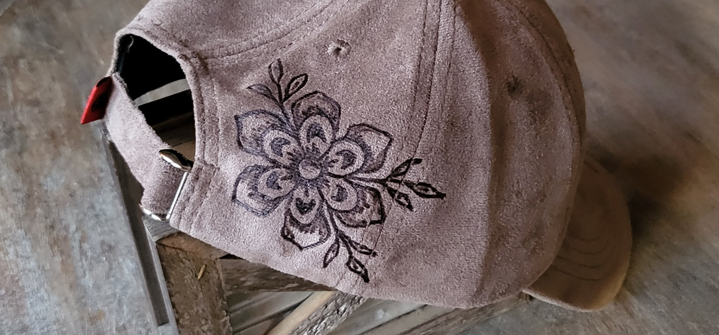 Hand burned suede baseball cap with adjustable back