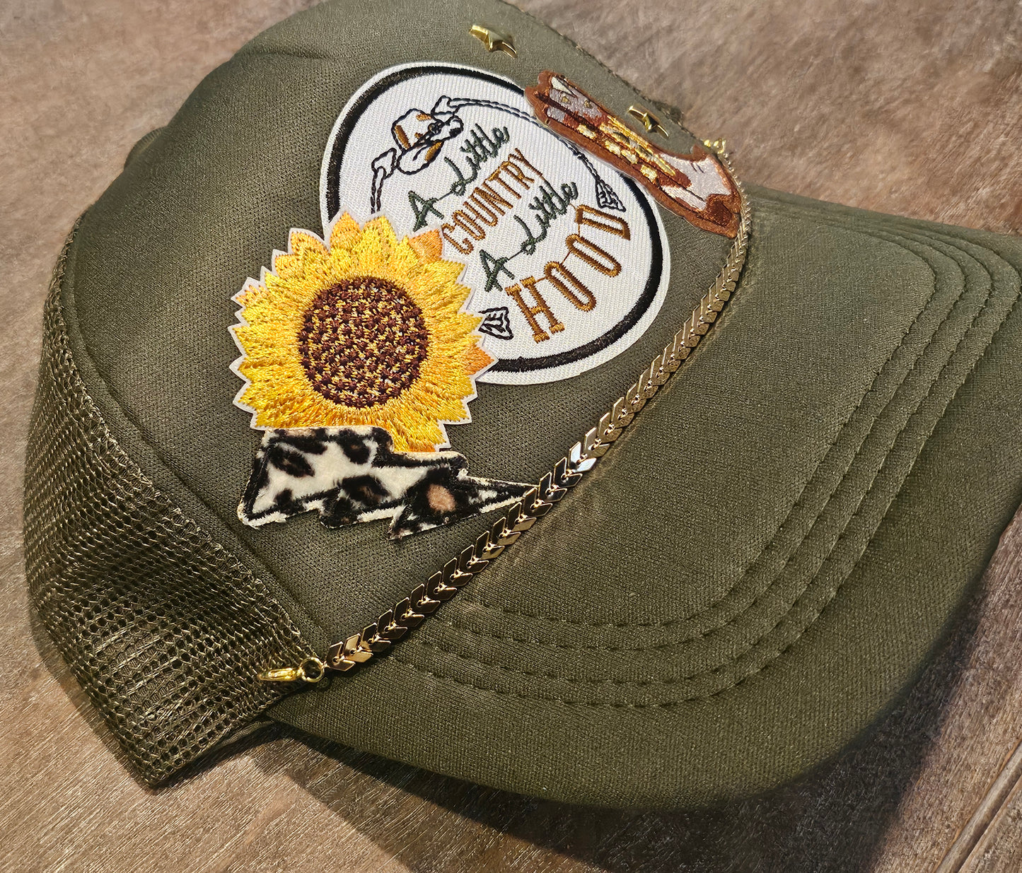 Western custom trucker hat with hat chain