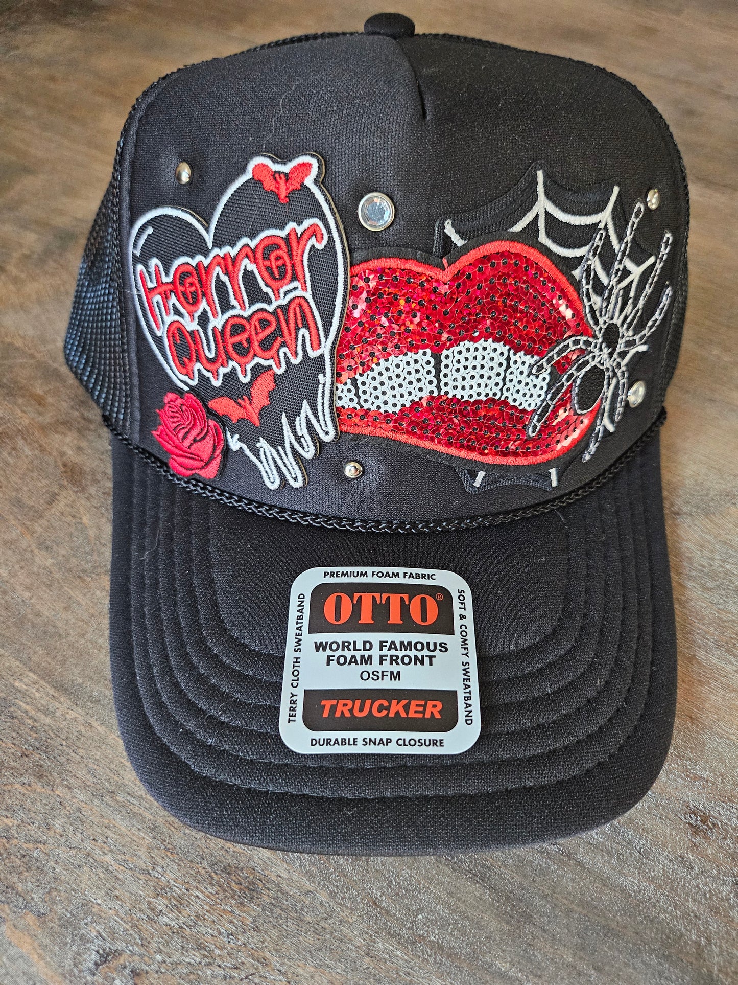 Halloween horror custom trucker hat with rhinestone studs