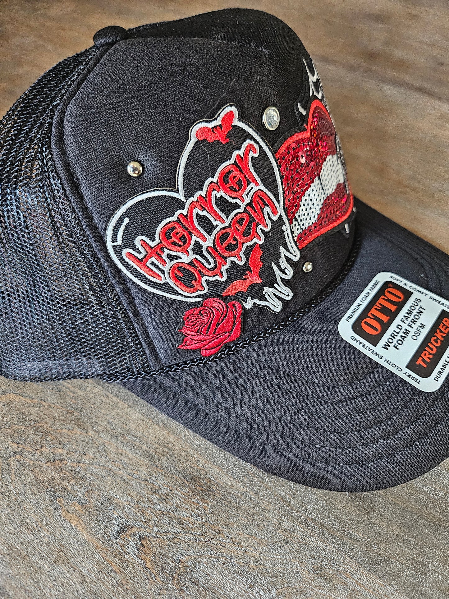 Halloween horror custom trucker hat with rhinestone studs