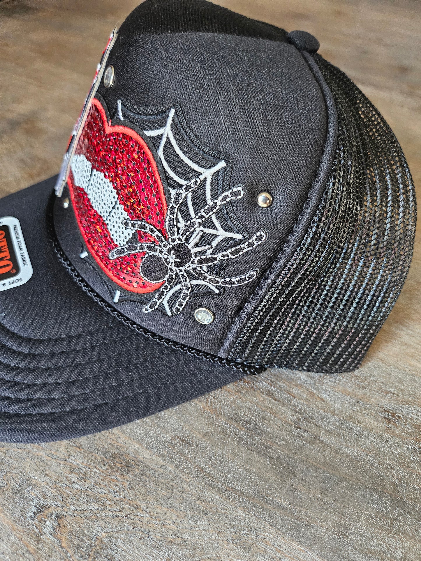 Halloween horror custom trucker hat with rhinestone studs