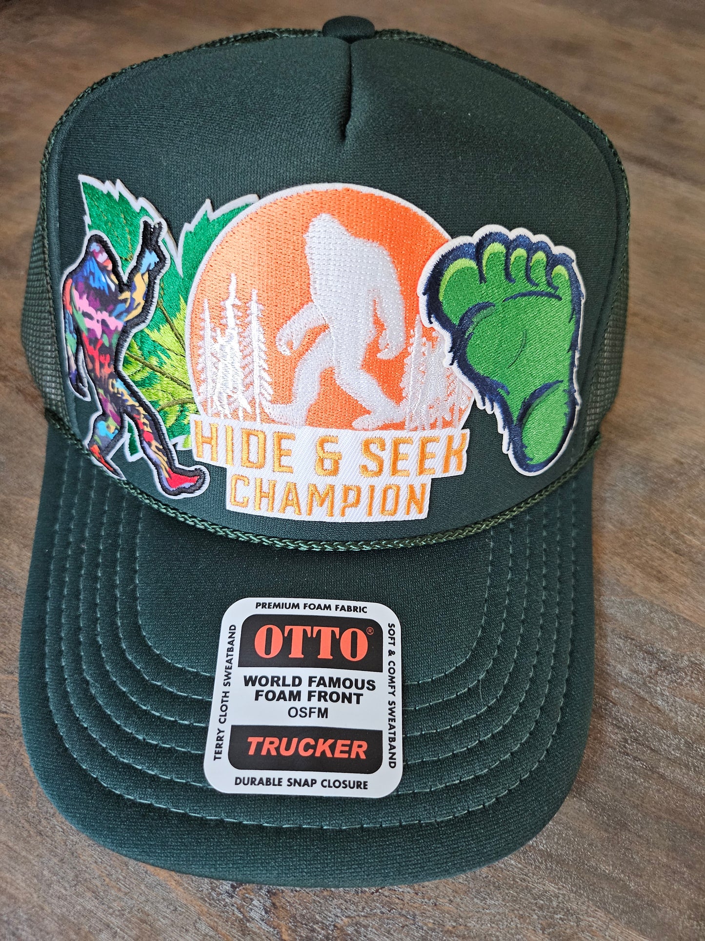 Sasquatch Bigfoot Custom Green Trucker Hat - Unisex, Embroidered Design