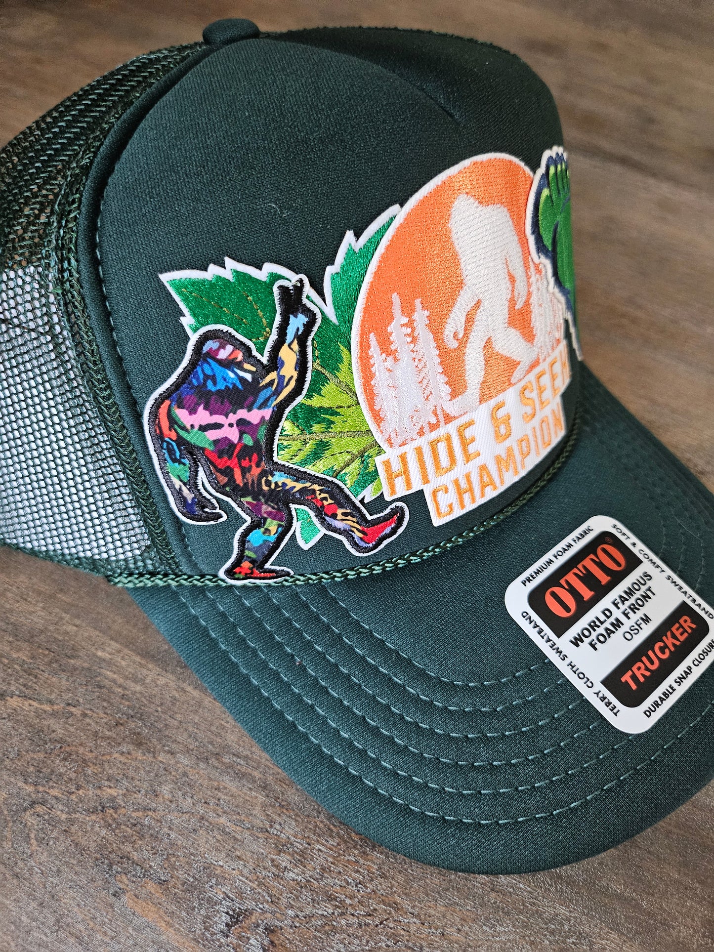 Sasquatch Bigfoot Custom Green Trucker Hat - Unisex, Embroidered Design