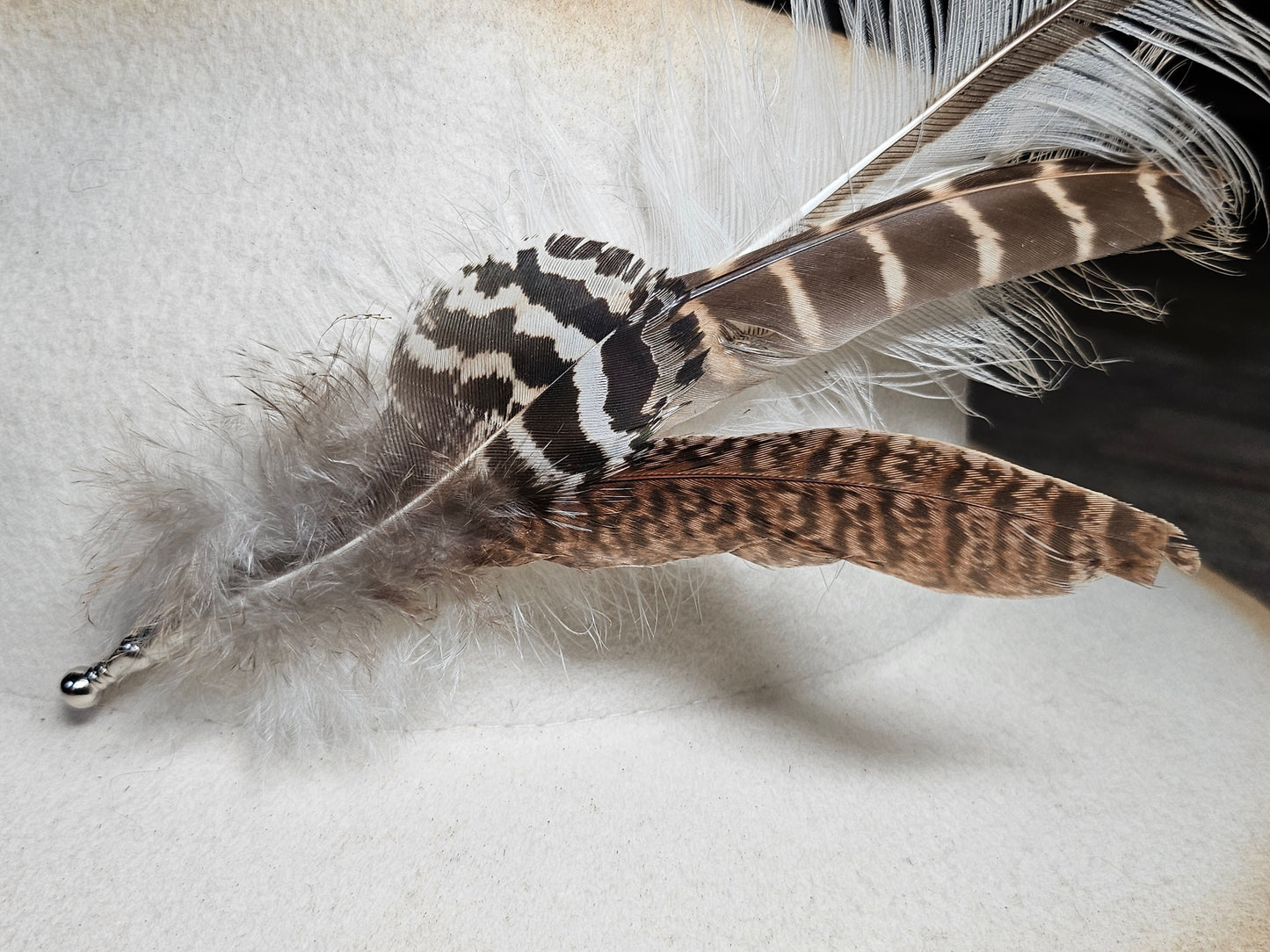 Genuine feather hat pin brooch