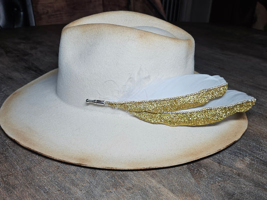 Genuine gold glitter and rhinestone feather hat pin