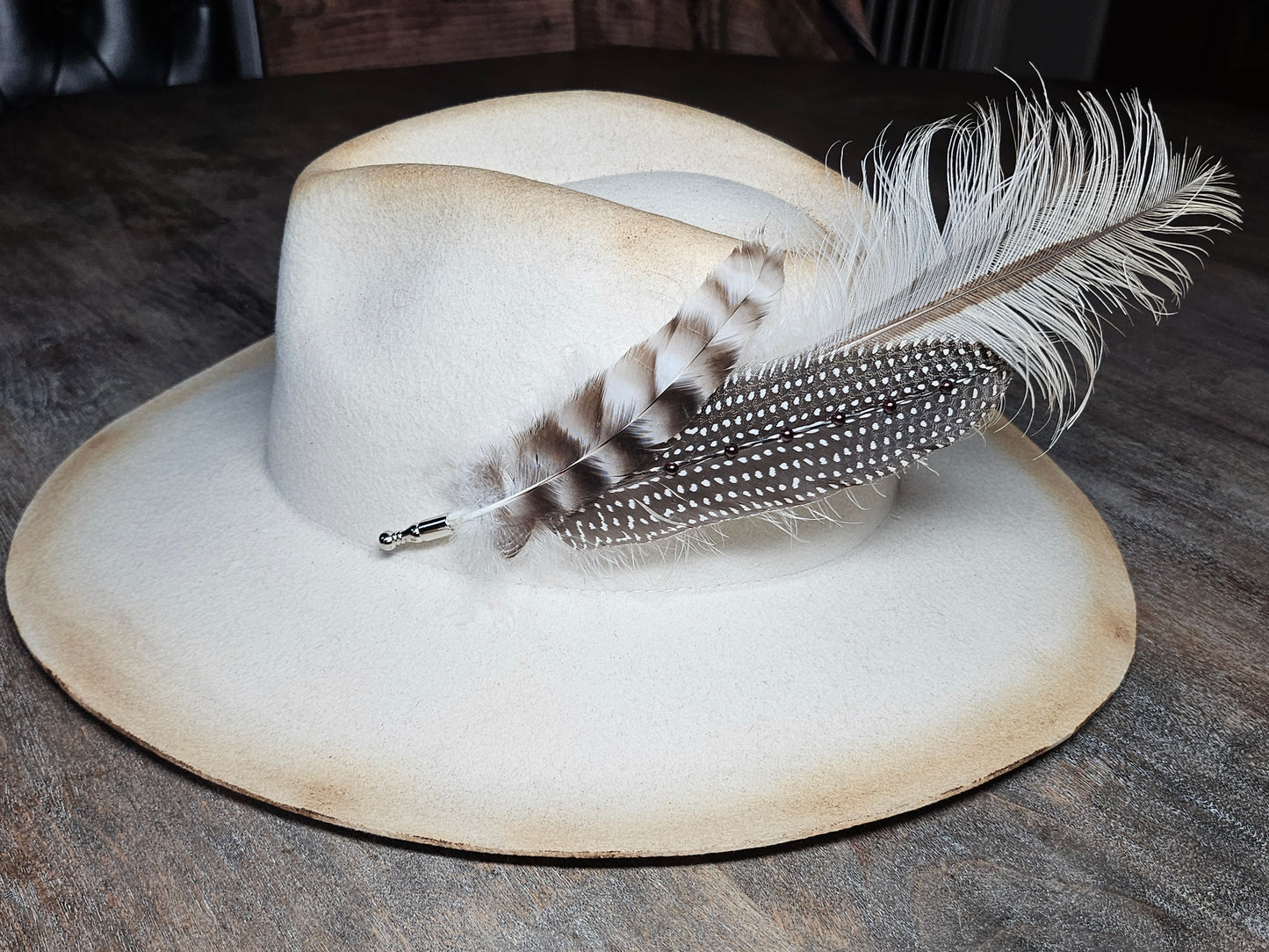 Genuine feather hat pin brooch with brown pearls