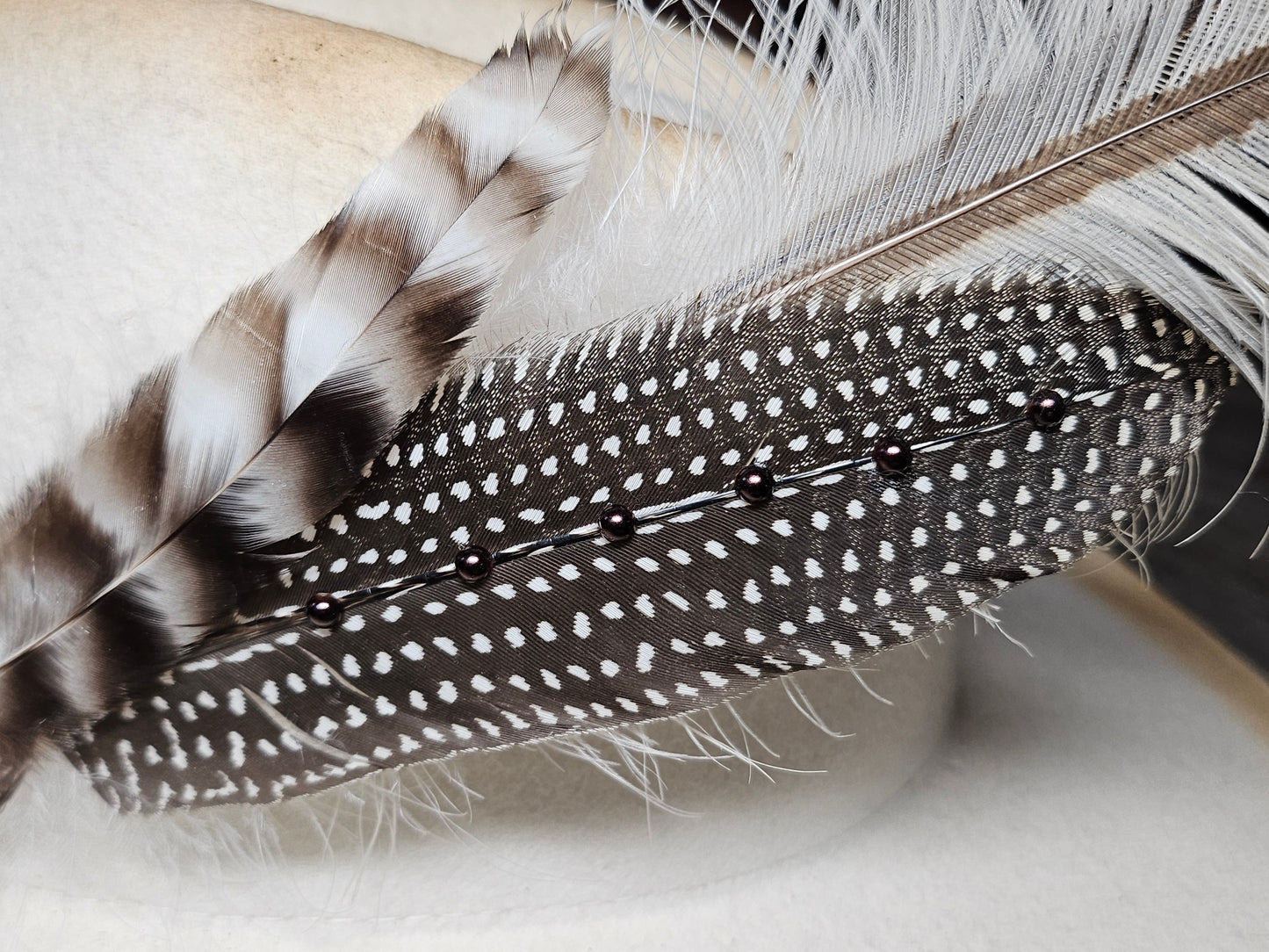 Genuine feather hat pin brooch with brown pearls