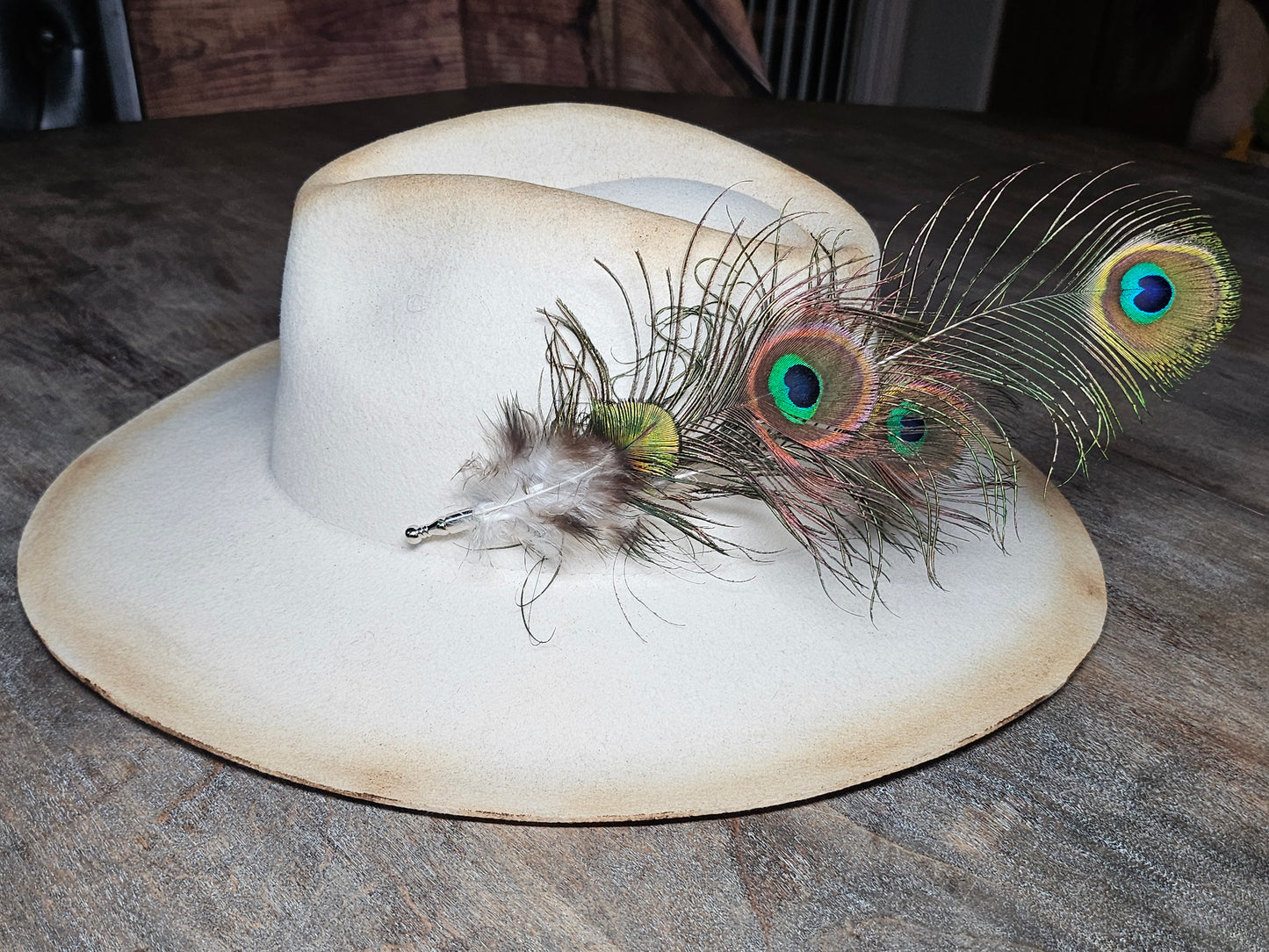 Genuine peacock feather hat pin brooch