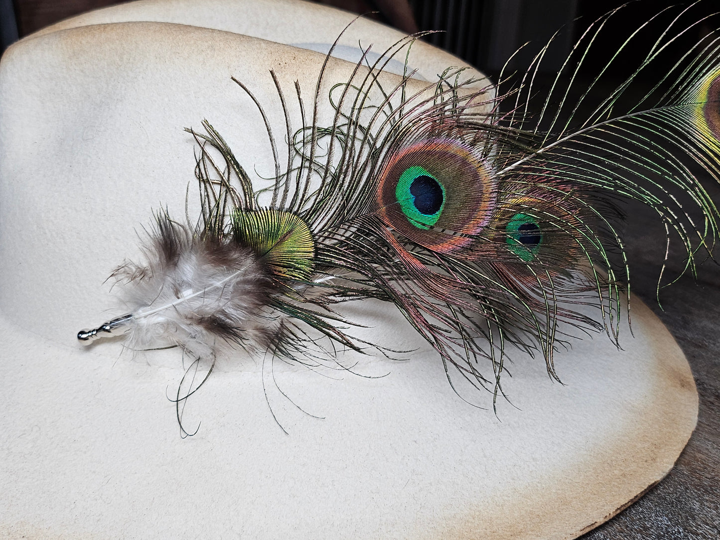 Genuine peacock feather hat pin brooch