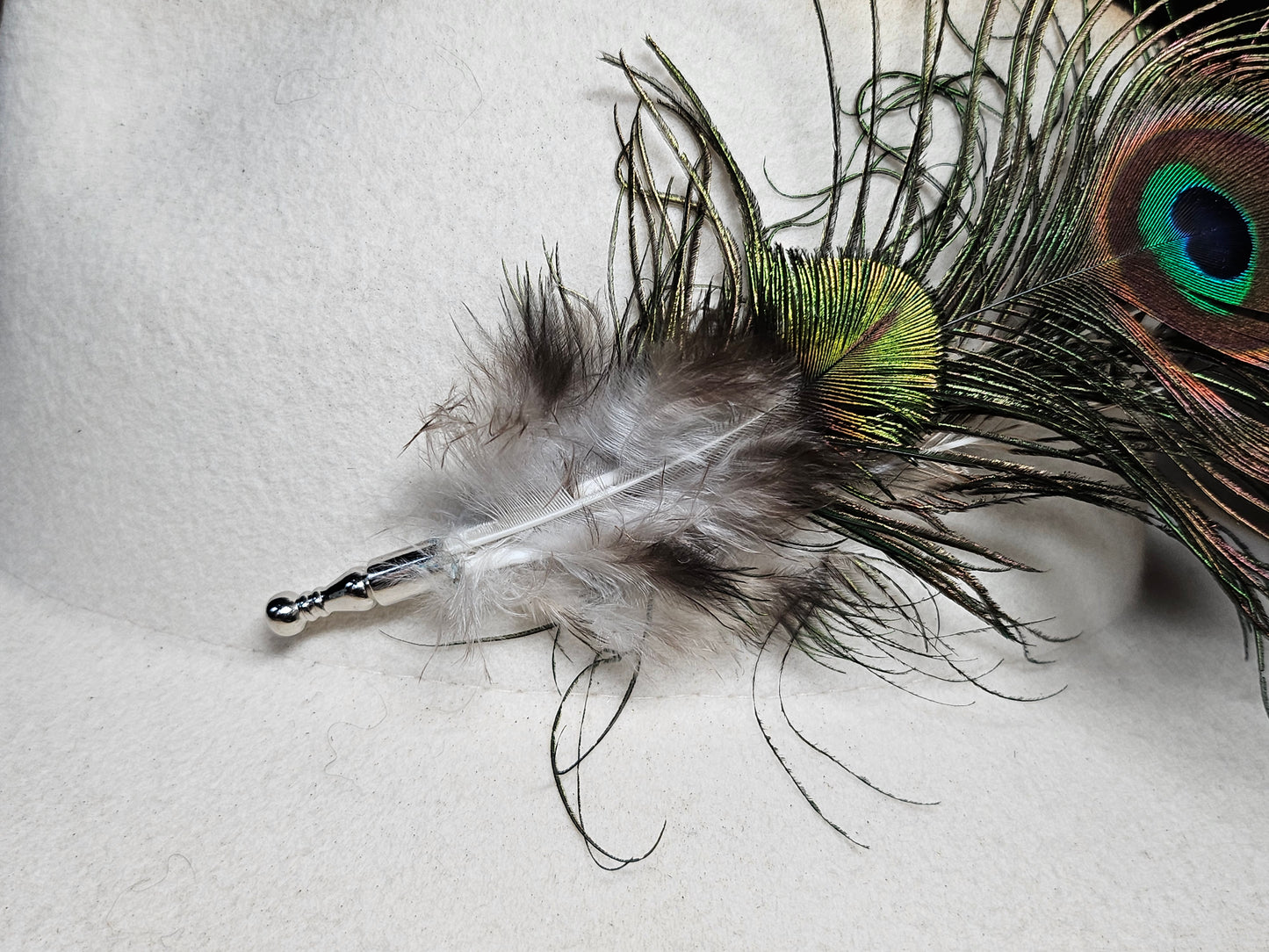 Genuine peacock feather hat pin brooch