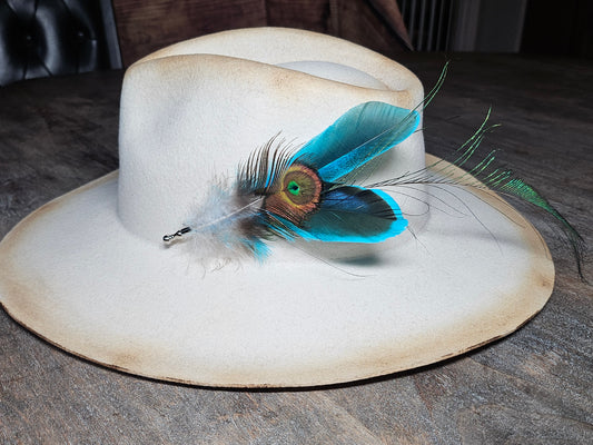 Genuine electric blue peacock feather hat pin brooch