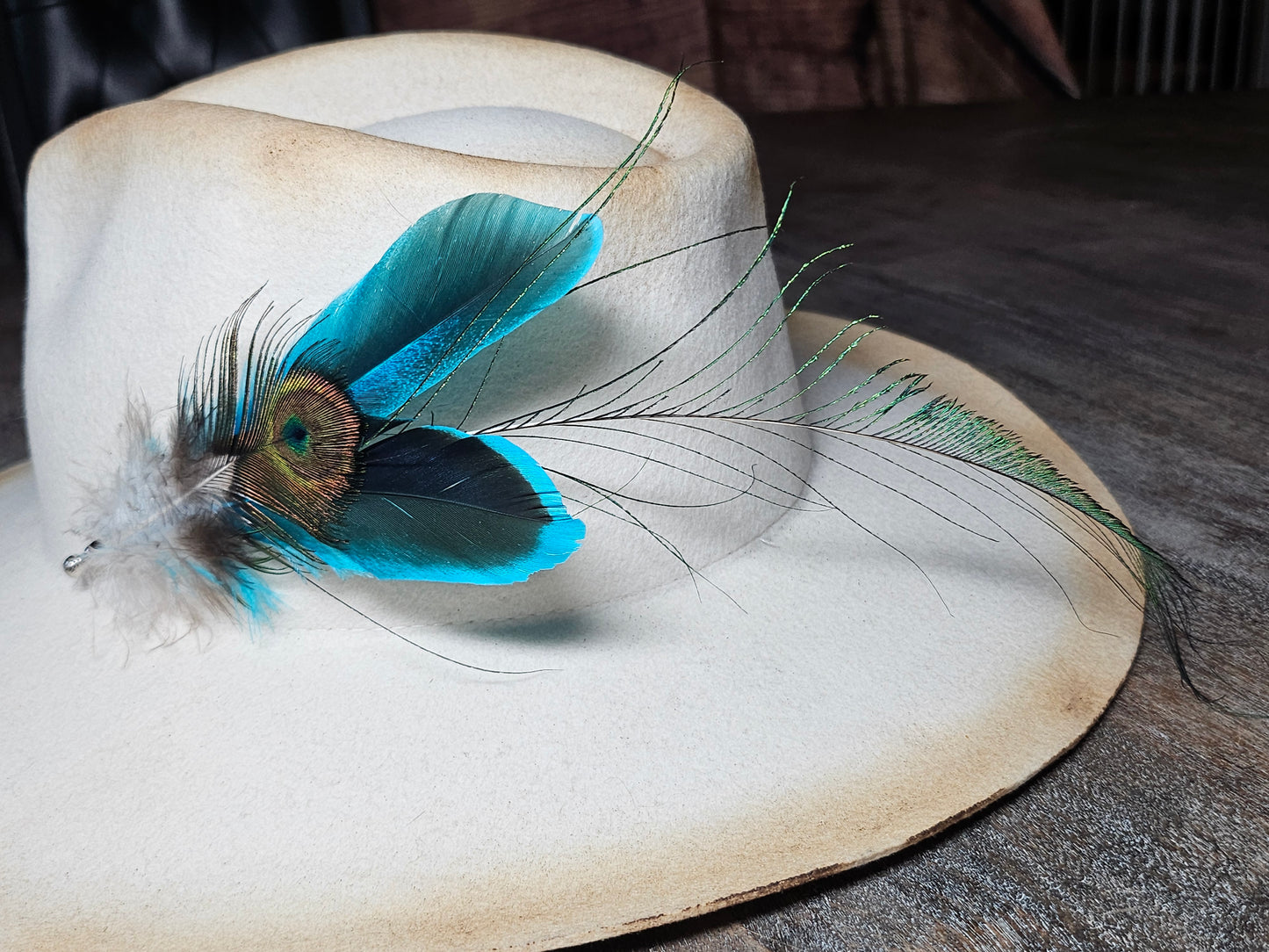 Genuine electric blue peacock feather hat pin brooch