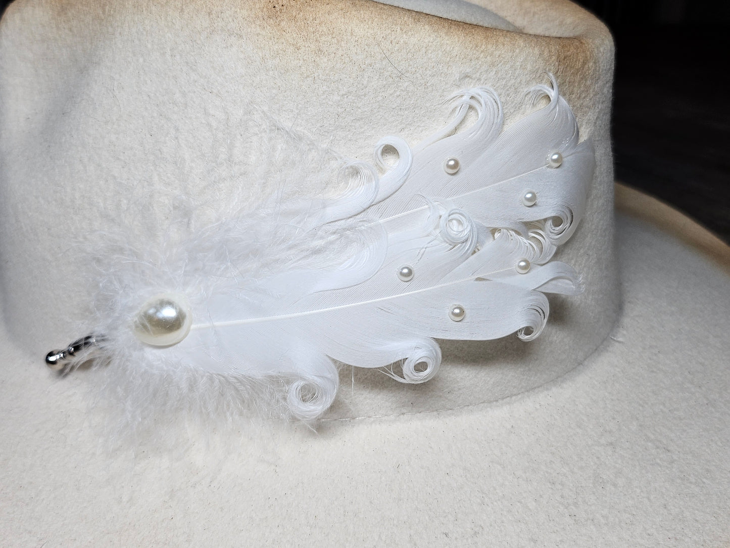 Genuine white bridal feather hat pin brooch with pearl accents