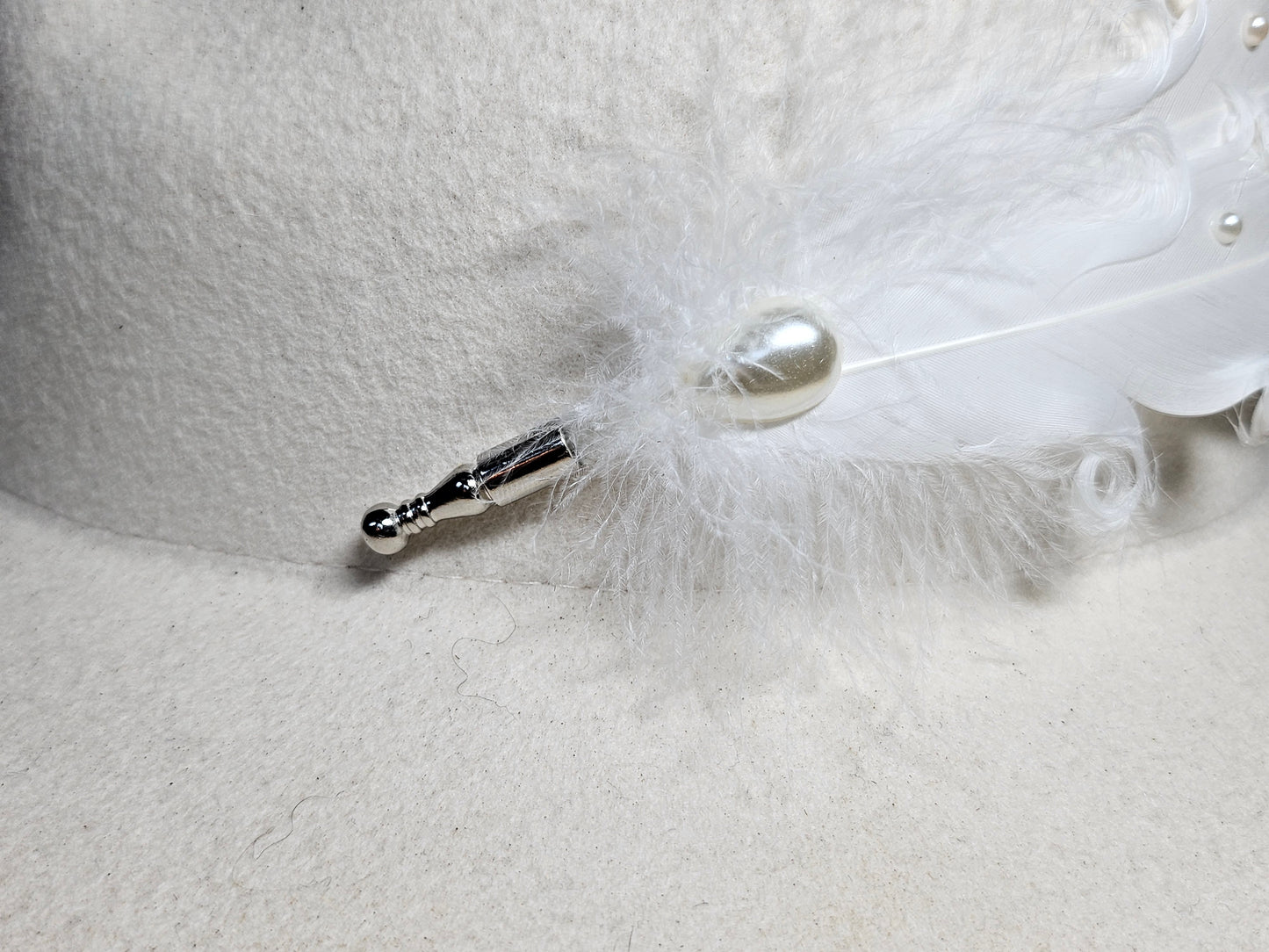 Genuine white bridal feather hat pin brooch with pearl accents