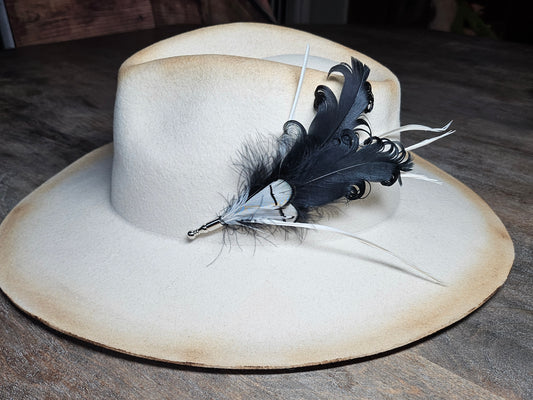 Genuine black and white ostrich feather hat pin brooch