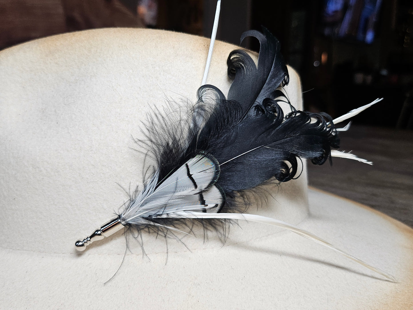 Genuine black and white ostrich feather hat pin brooch