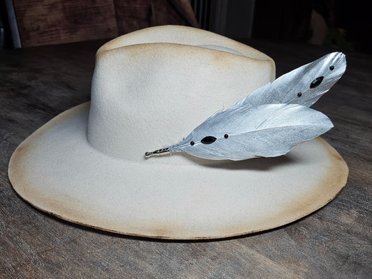 Genuine silver feather hat pin brooch accented with black pearl gems