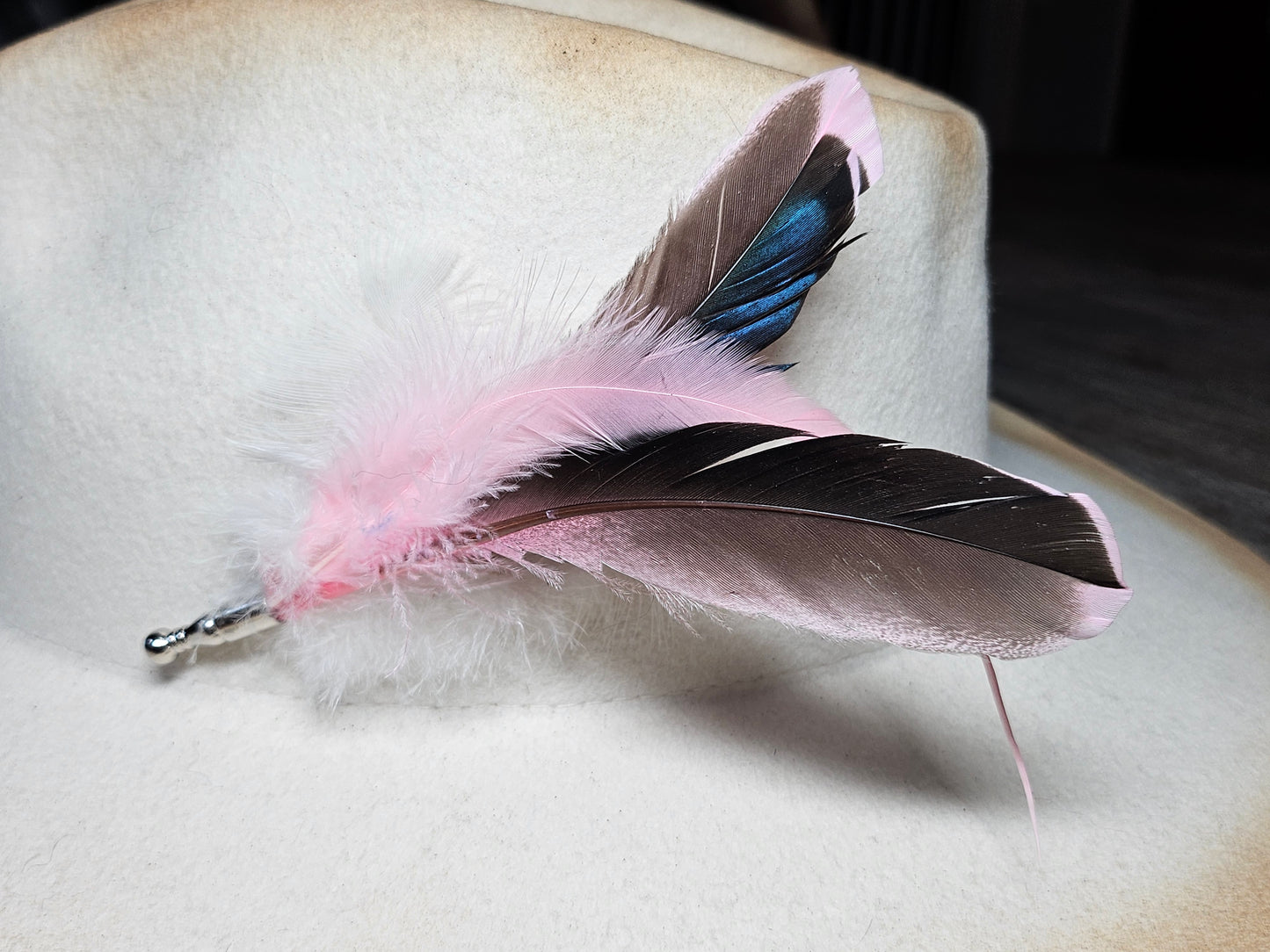 Genuine pink feather hat pin brooch