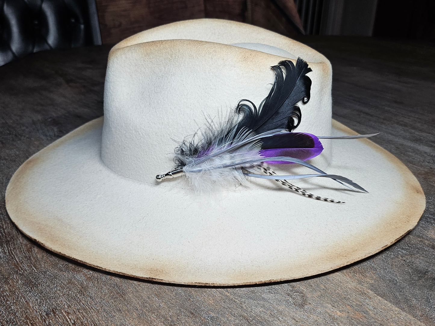 Genuine black and purple feather hat pin brooch