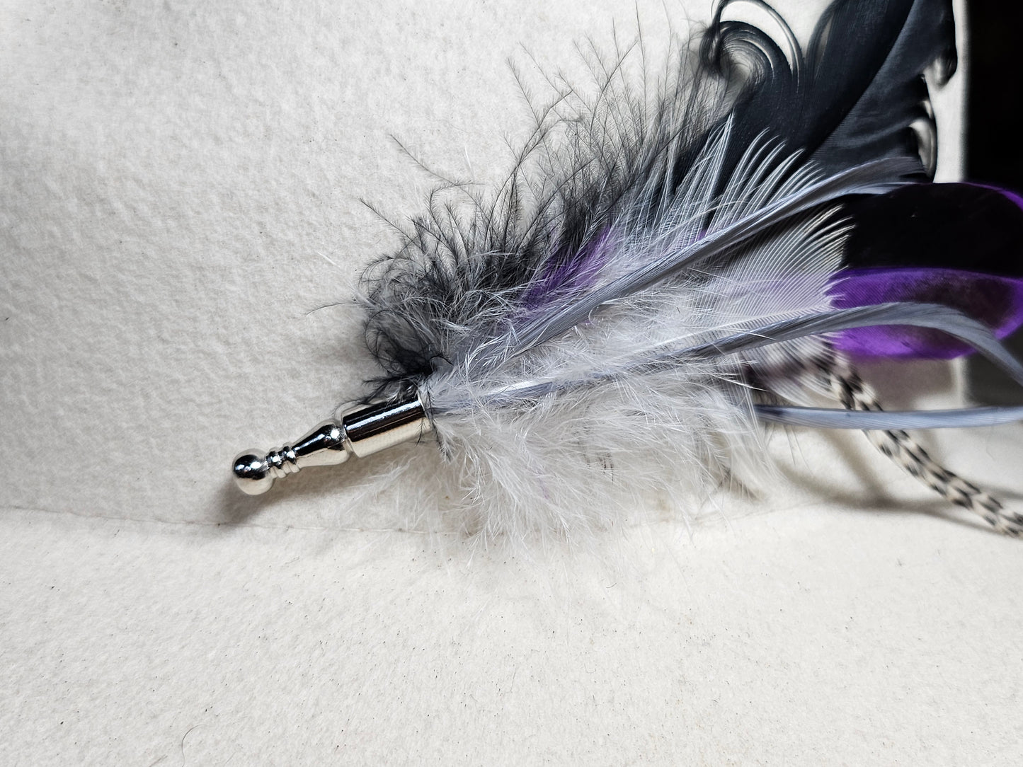 Genuine black and purple feather hat pin brooch