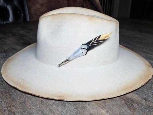 Genuine black and gold feather hat pin brooch