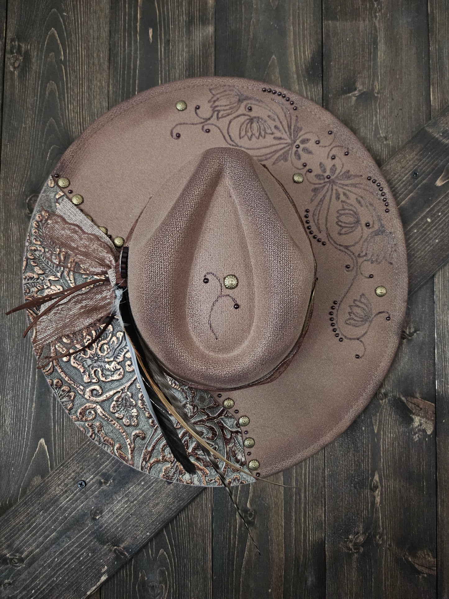 Hand Burned Dark Taupe Fedora Cowboy Hat