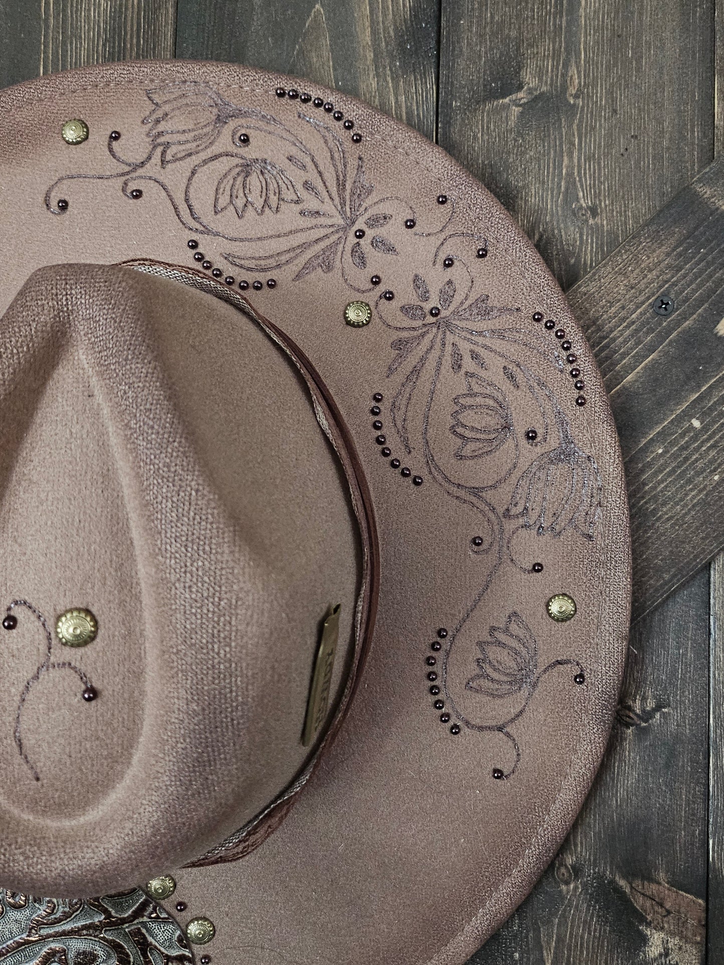 Hand Burned Dark Taupe Fedora Cowboy Hat