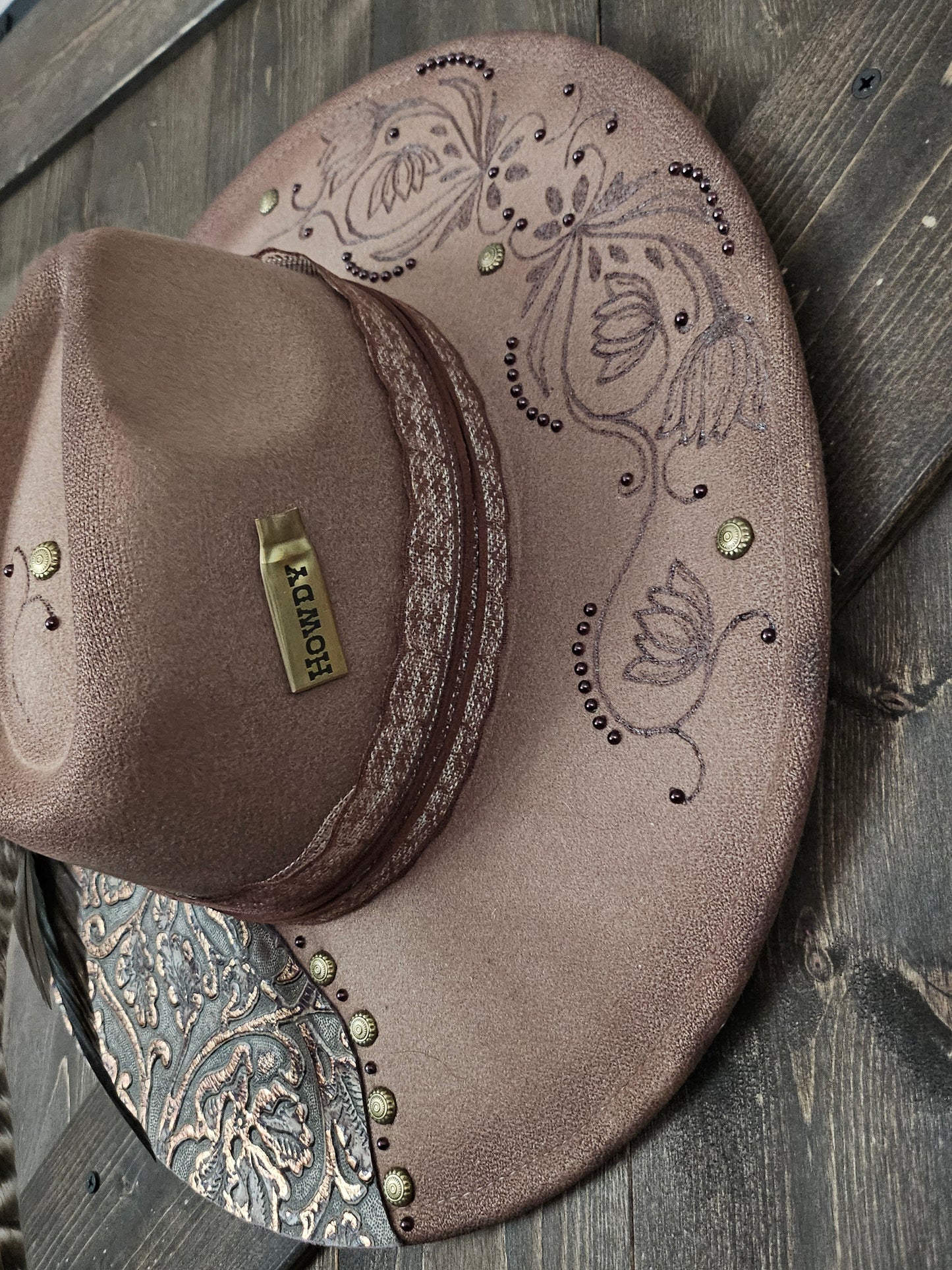 Hand Burned Dark Taupe Fedora Cowboy Hat