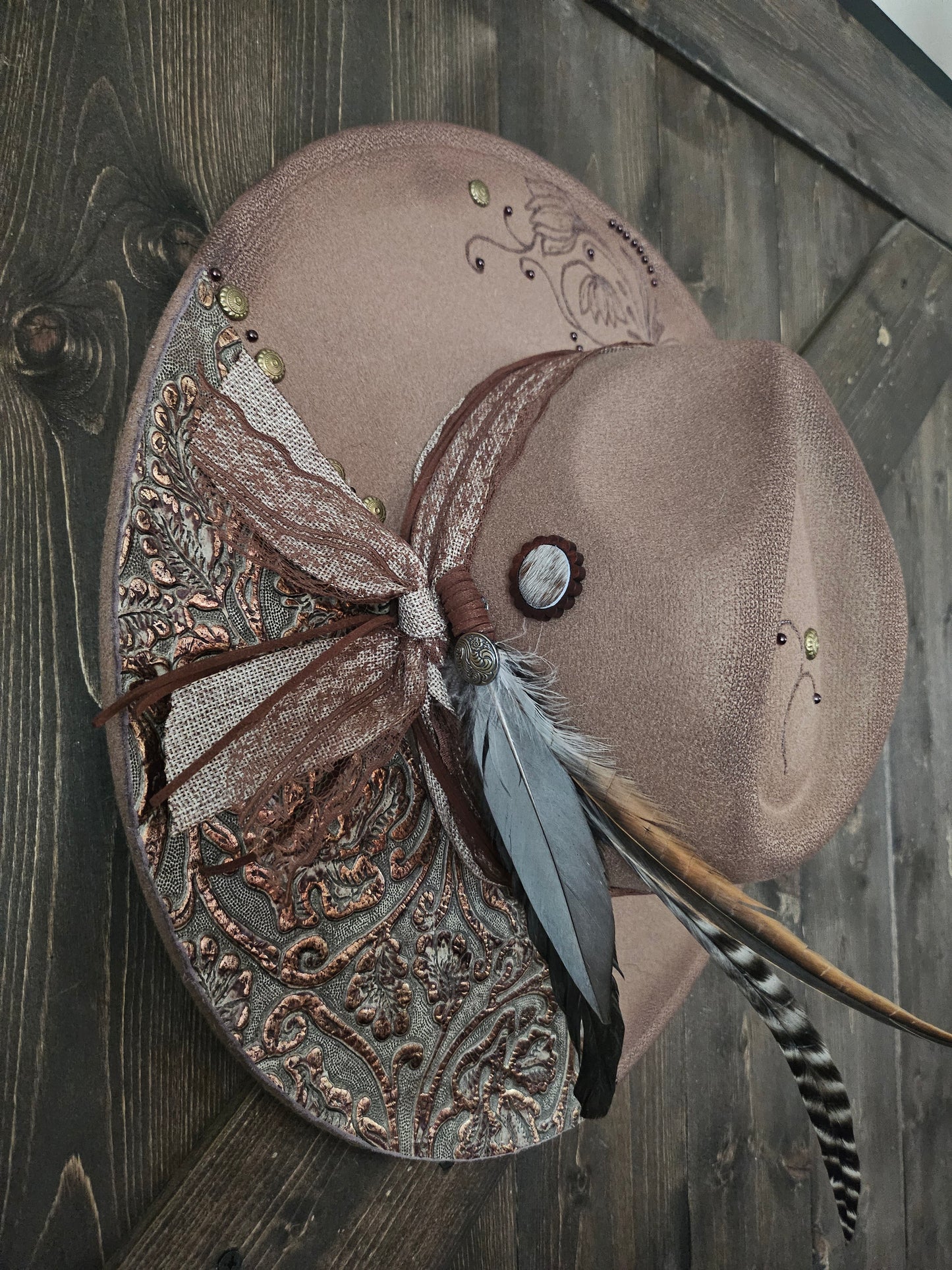 Hand Burned Dark Taupe Fedora Cowboy Hat