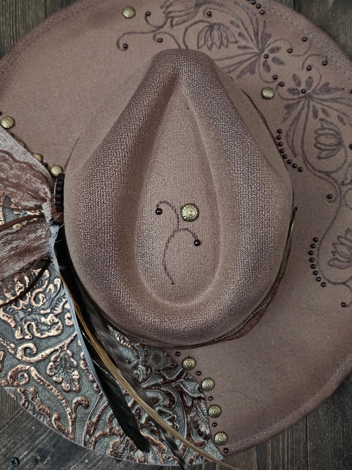 Hand Burned Dark Taupe Fedora Cowboy Hat