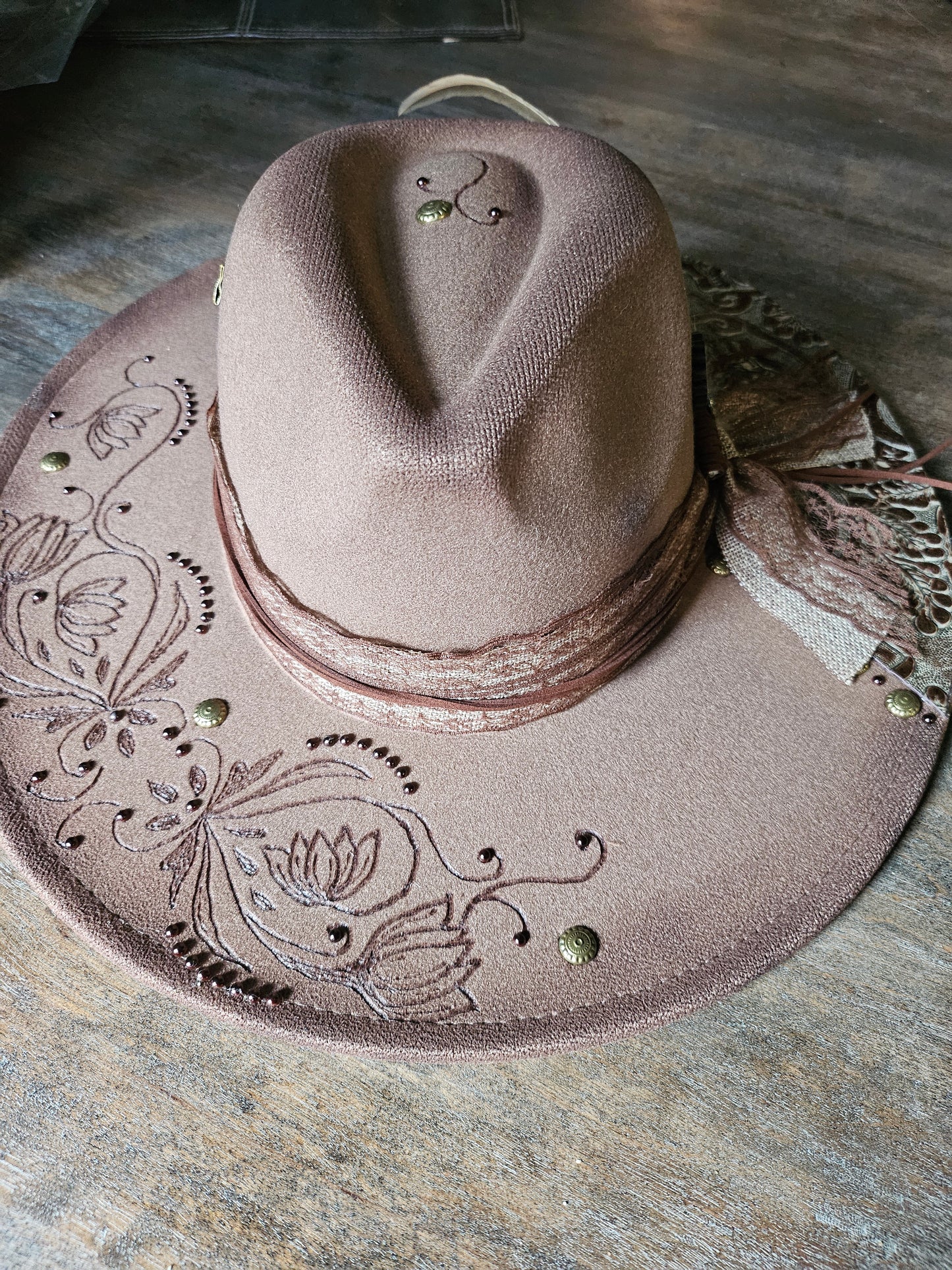 Hand Burned Dark Taupe Fedora Cowboy Hat