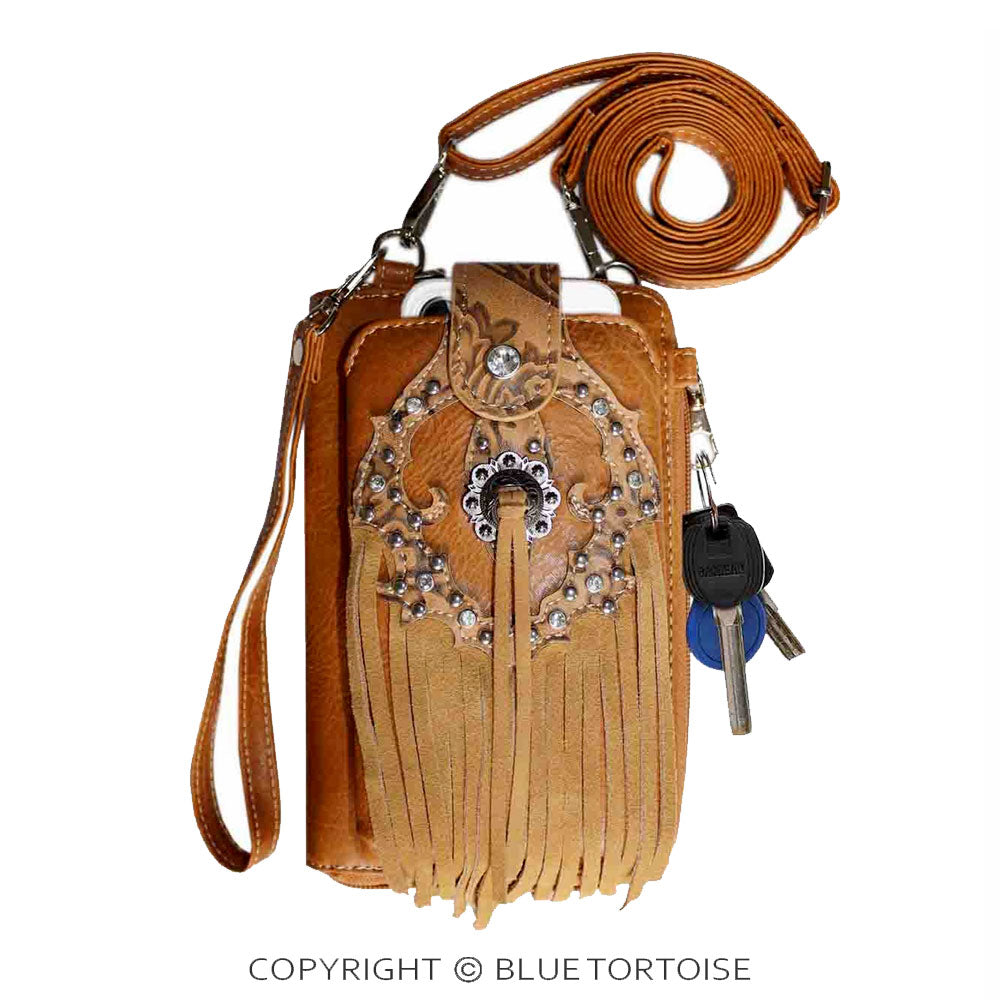 Cell phone crossbody/wristlet wallet western pattern with fringe.