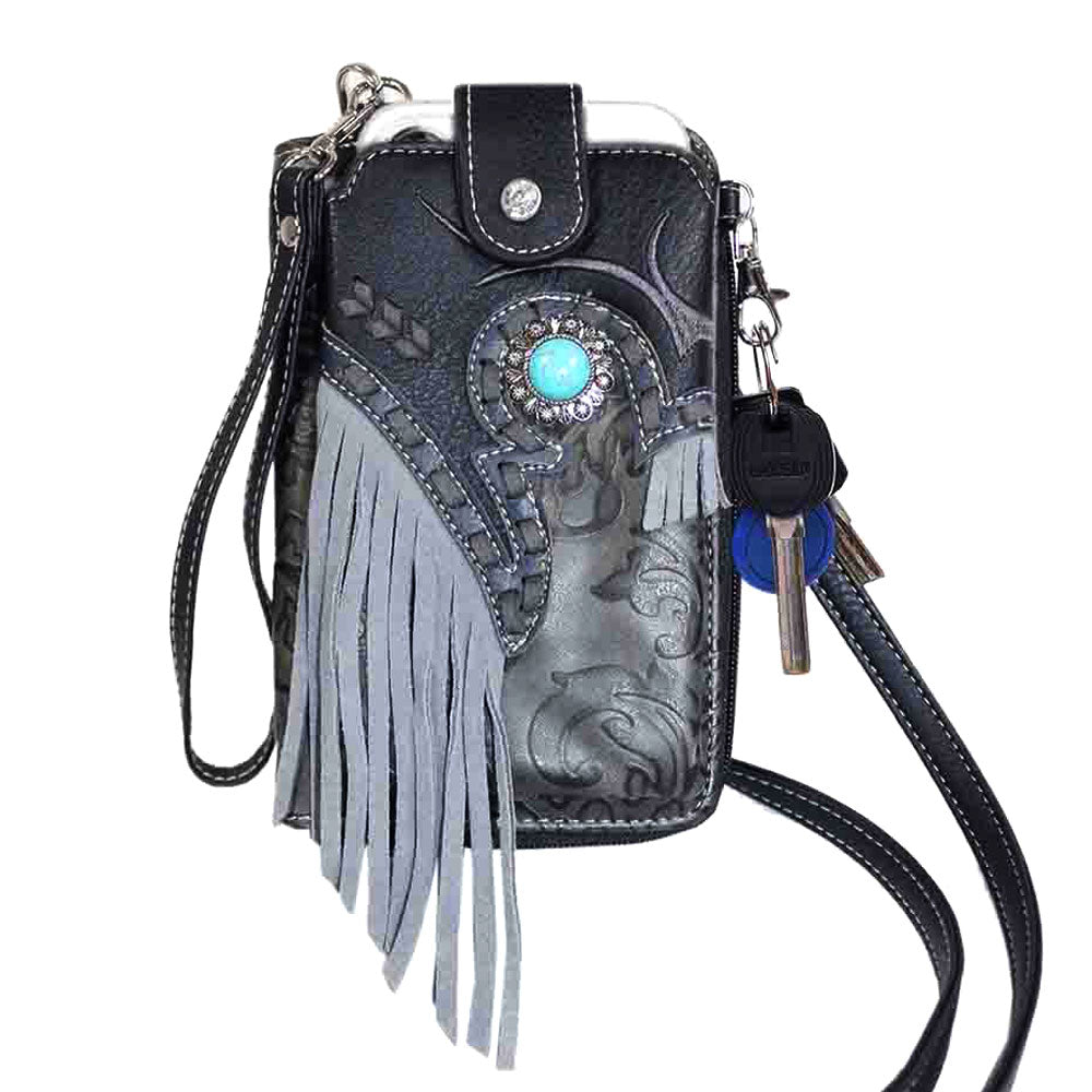 Cell phone crossbody/wristlet wallet western pattern with fringe.