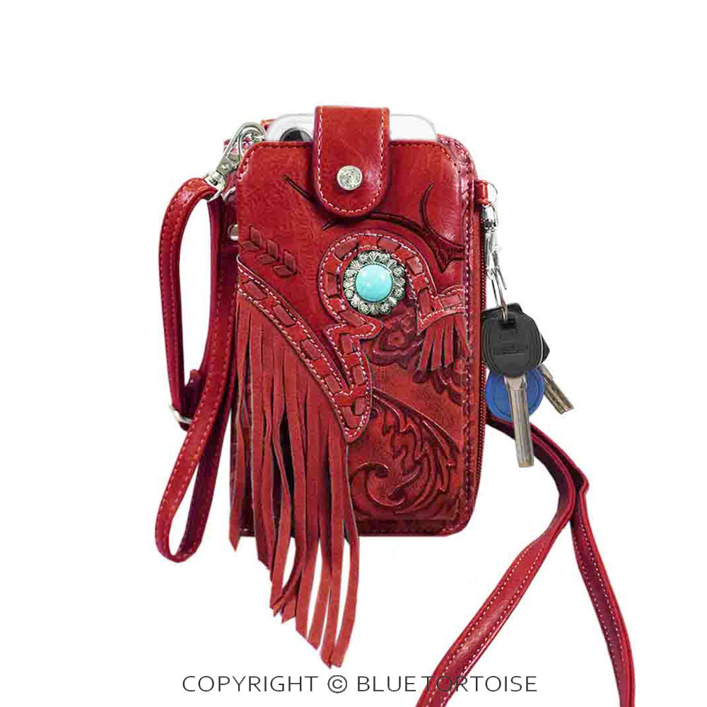 Cell phone crossbody/wristlet wallet western pattern with fringe.