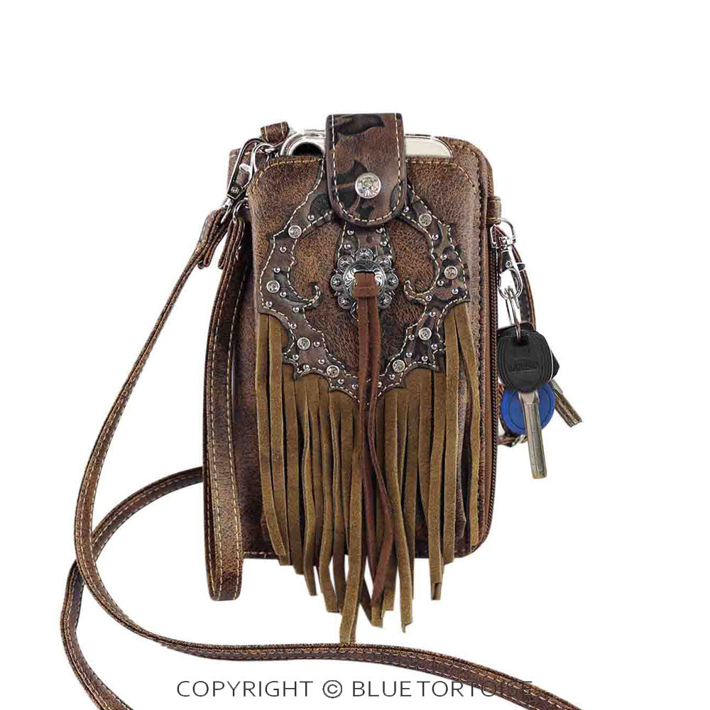 Cell phone crossbody/wristlet wallet western pattern with fringe.