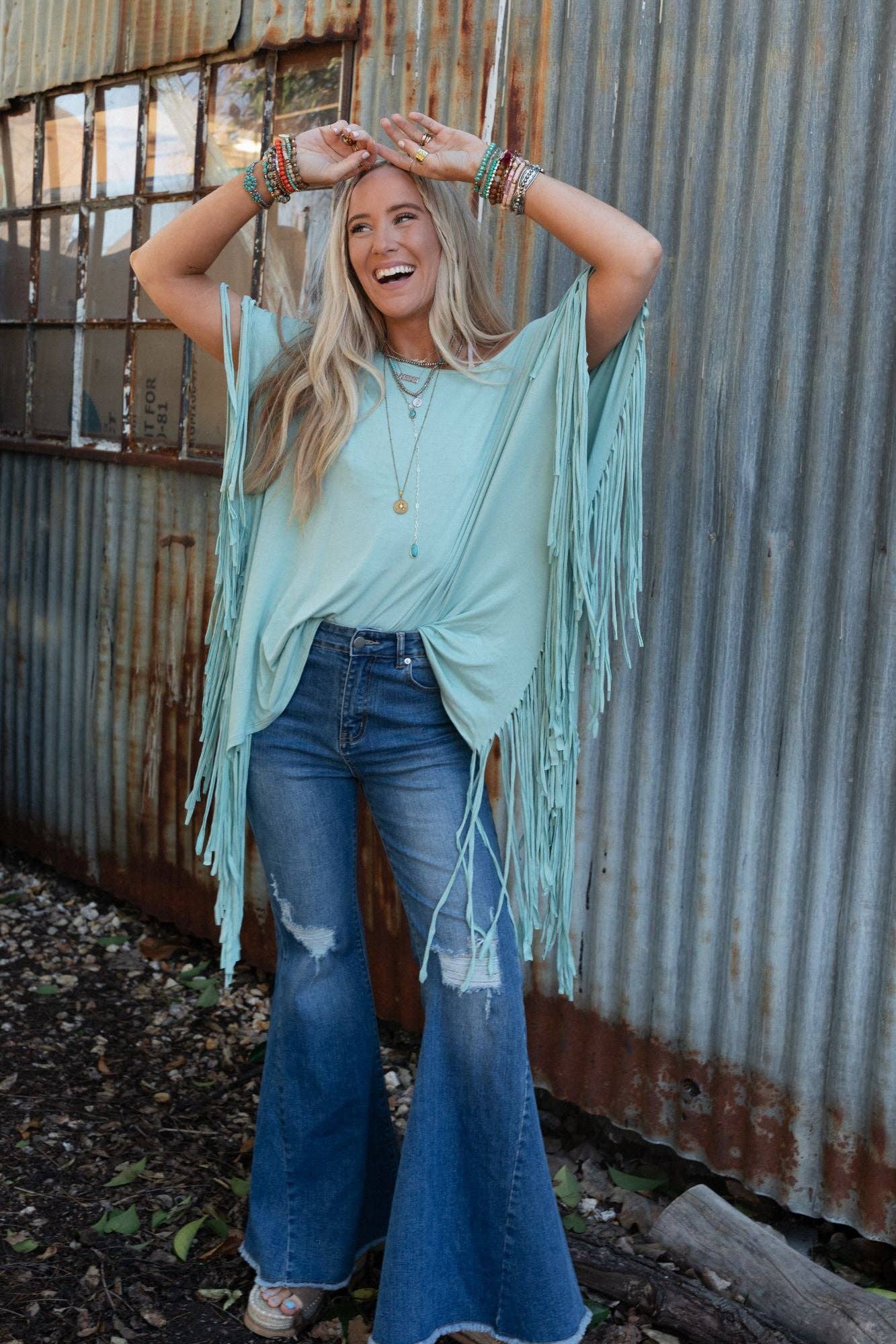 Showstopper Fringe Top - Washed Turquoise