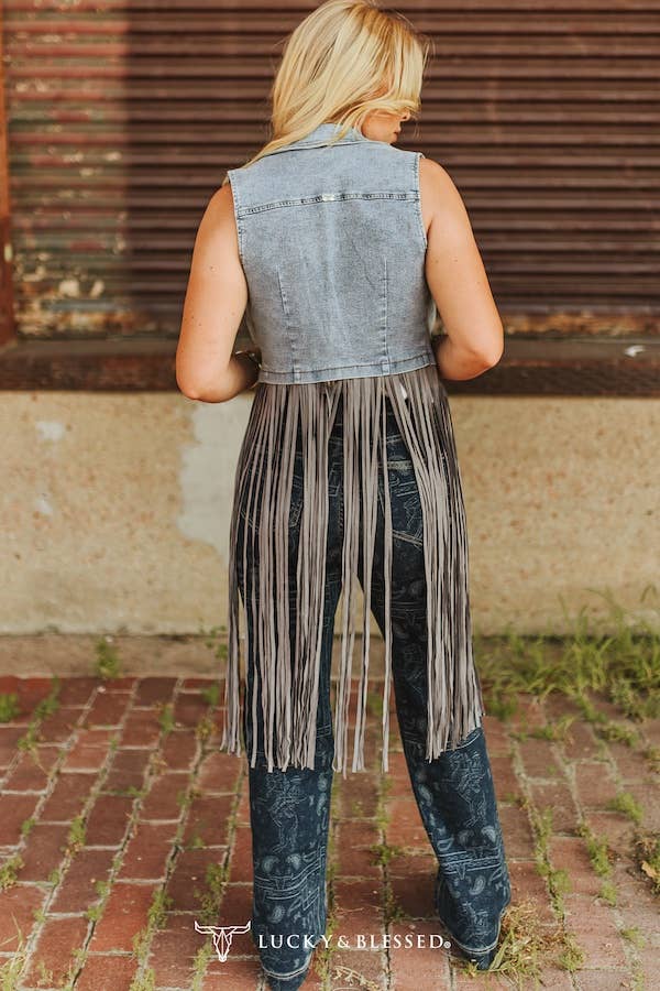 Stone Wash Grey Fringe Denim Vest