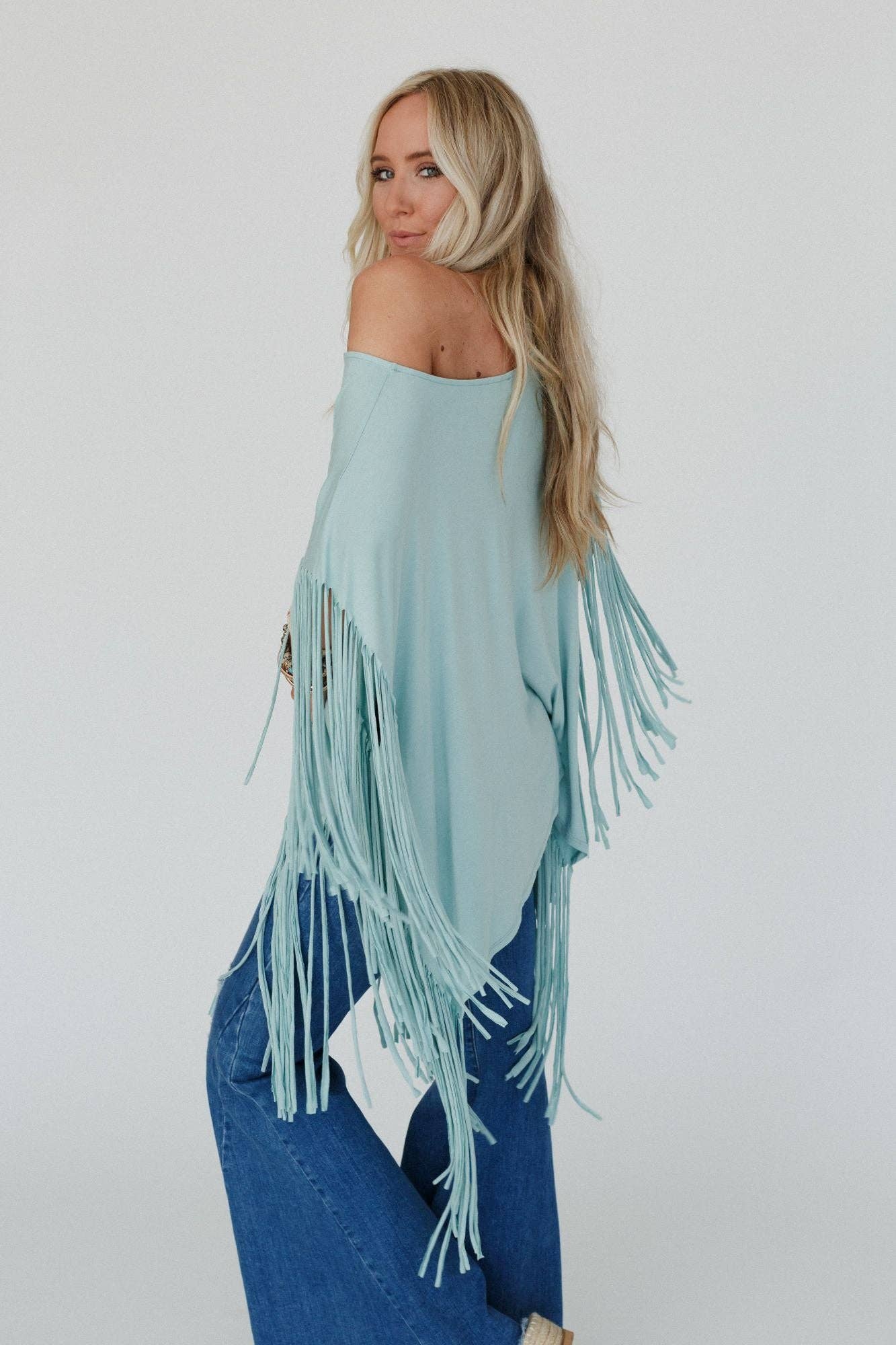Showstopper Fringe Top - Washed Turquoise