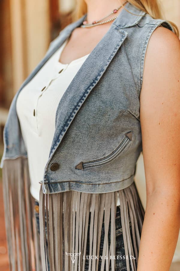 Stone Wash Grey Fringe Denim Vest